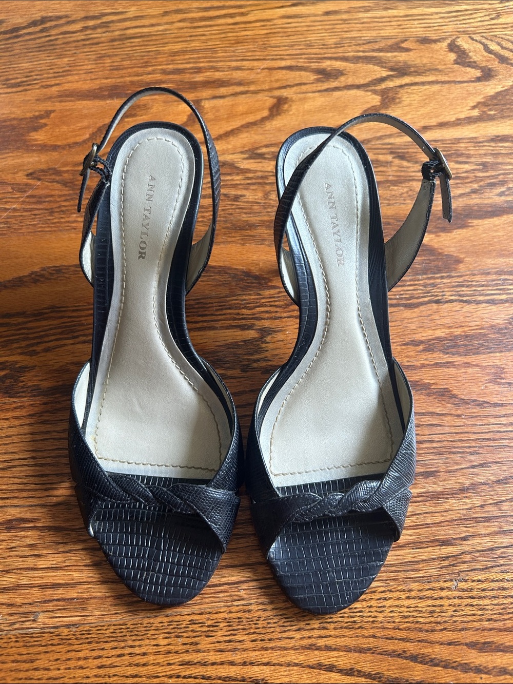 Ann Taylor Black Textured Open-Toe Slingback Heels